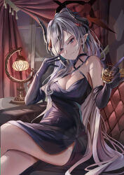  1girl alcohol bare_shoulders black_choker black_dress black_gloves black_halo black_horns blue_archive breasts choker cleavage closed_mouth commentary couch criss-cross_halter crossed_legs cup demon_girl demon_horns dress drop_earrings earrings elbow_gloves eyelashes feet_out_of_frame glass gloves grey_hair hair_over_one_eye halo halter_dress halterneck hands_up highres hip_vent holding holding_cup horns ice ice_cube index_finger_raised jewelry large_breasts long_hair looking_at_viewer makoto_(blue_archive) makoto_(dress)_(blue_archive) mature_female multicolored_halo multiple_horns night on_couch pointy_ears red_halo sidelighting sitting sleeveless sleeveless_dress smile solo straight_hair suidou_chaahan tsurime very_long_hair whiskey window 