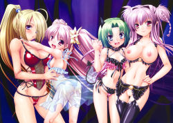  4girls :d age_difference black_legwear blonde_hair blue_eyes blush braid brandish brandish_(h_manga) breasts chemise cleavage couple covered_erect_nipples crease demon demon_girl demon_tail flat_chest garter_belt green_hair hair_ornament hand_on_own_hip height_difference highres holding_hands horns hug interlocked_fingers irufa large_breasts lingerie loli long_hair maya_(brandish) multiple_girls navel nerin nipples official_art onee-loli open_mouth panties petite pink_hair pointy_ears ponytail purple_hair pussy red_eyes rusty_soul scan see-through short_hair small_breasts smile tail thighhighs twintails twiska underwear yuri  rating:Explicit score:118 user:DinnerBlaster