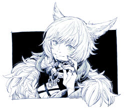 1girl animal_ears black_background blue_eyes breasts brooch cat_ears claw_ring cleavage dated feather_hair_ornament feathers final_fantasy final_fantasy_xiv fur_trim hair_ornament hand_up hatching_(texture) itowo_(itowc) jewelry looking_at_viewer medium_breasts miqo&#039;te monochrome portrait ring short_hair signature simple_background slit_pupils smile solo two-tone_background white_background y&#039;shtola_rhul