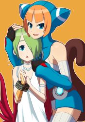  2girls aka_(s3637) blue_eyes breasts breath_of_fire breath_of_fire_v capcom commentary_request dress fingerless_gloves full-body_tattoo gloves green_hair hair_over_one_eye jewelry lin_(breath_of_fire) multiple_girls nina_(breath_of_fire_v) red_wings ribbed_sweater short_hair sweater tattoo white_dress wings 