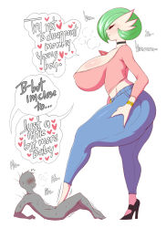 1boy 1girl ass blue_eyes breasts choker creatures_(company) curvy denim english_text femdom game_freak gardevoir gen_3_pokemon giant giantess heels hetero interspecies jeans large_breasts mature_female nintendo pants pokemon pokemon_(creature) pokephilia saltyxodium size_difference speech_bubble tall_female thick_thighs thighs rating:Questionable score:262 user:xtasy