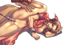  1990s_(style) 1boy 1girl aerith_gainsborough artist_request bottomless censored double_penetration dress final_fantasy final_fantasy_vii green_eyes highres male_hand multiple_penetration object_insertion pink_dress vaginal  rating:Explicit score:24 user:bywon