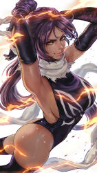  1girl alternate_costume armpits ass black_leotard black_thighhighs bleach breasts closed_mouth commentary curvy dark-skinned_female dark_skin elbow_gloves english_commentary fingerless_gloves from_side gloves high_ponytail highleg highleg_leotard highres large_breasts leotard lightning long_hair looking_at_viewer magion02 official_alternate_costume ponytail purple_hair redrawn revealing_clothes scarf shihouin_yoruichi shiny_skin skindentation smile solo thighhighs torn_clothes torn_scarf white_background white_scarf wide_hips yellow_eyes 