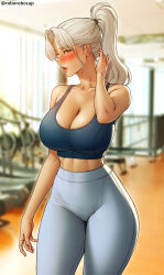 1girl abs absurdres bare_shoulders blurry blurry_background blush breasts brown_eyes cleavage curvy exercise_machine gym high_ponytail highleg highres large_breasts lee_yena long_hair looking_at_viewer looking_to_the_side mature_female midriff open_mouth original pants roborobocap solo sports_bra sweatdrop treadmill white_hair window yoga_pants rating:Sensitive score:177 user:danbooru