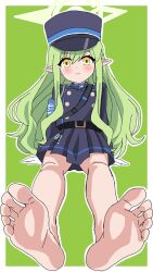  1girl barefoot blue_archive blush feet green_hair hat hikari_(blue_archive) long_hair looking_at_viewer pointy_ears riokasen smile soles toes yellow_eyes 