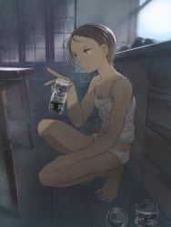  1girl alcohol bad_id bad_twitter_id can counter full_body hair_ornament hairclip highres holding holding_can indoors kitchen oishii_ishiwata on_floor original panties parted_bangs shirt short_hair sleeveless solo squatting strong_zero underwear white_shirt window  rating:Sensitive score:13 user:danbooru