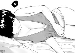 1girl bare_shoulders bed_sheet breasts cleavage closed_mouth greyscale hair_over_one_eye highres large_breasts looking_at_viewer lying monochrome norman_maggot olive_laurentia on_side original panties pillow pixie_cut short_hair smile tank_top thighs underwear rating:Sensitive score:59 user:danbooru