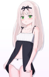  1girl black_bow blonde_hair blush bow bow_panties breasts collarbone female_focus green_eyes hairband highres lingerie loli long_hair looking_at_viewer navel negligee open_mouth panties shooko simple_background small_breasts solo standing underwear white_background white_panties  rating:Sensitive score:29 user:cpee