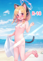  1girl absurdres animal_ear_headphones animal_ears bare_arms bare_legs bare_shoulders beach bikini bikini_bottom_pull bikini_top_lift blonde_hair blue_archive blush bow breasts cat_tail clothes_lift day fake_animal_ears fubuki_rinne hair_bow headphones highres loli looking_at_viewer momoi_(blue_archive) ocean open_mouth outdoors pussy red_bow red_eyes short_hair small_breasts solo striped_bikini striped_clothes swimsuit tail 