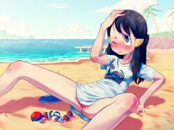 1girl anus arm_support beach black_hair blue_eyes blush bottomless caustics closed_mouth cloud collarbone creatures_(company) dawn_(pokemon) dock female_focus game_freak gen_3_pokemon hair_ornament hairclip hand_on_own_head horizon lewlem loli long_hair looking_up lying making-of_available nintendo nose_blush on_back one_eye_closed paid_reward_available palm_tree poke_ball pokemon pokemon_dppt pussy pussy_juice pussy_peek sand shirt shore short_sleeves sky solo spread_legs tearing_up thighs tree wailord white_shirt  rating:Explicit score:97 user:MonsieurCinq
