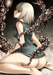  1girl ass barefoot bottomless highres looking_back old-one original short_hair sitting solo tentacles wariza 