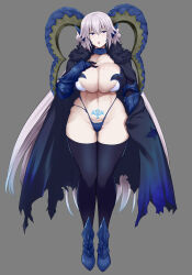  absurdres breasts cosplay curled_horns fate/grand_order fate/grand_order_arcade fate_(series) green_horns grey_background hair_on_horn highres horns isabelle_romee_(fate) large_breasts large_horns larva_tiamat_(fate) larva_tiamat_(fate)_(cosplay) looking_at_viewer mature_female pointy_ears pubic_tattoo tanabe_(studio_tiamat) tattoo tiamat_(fate) white_hair 