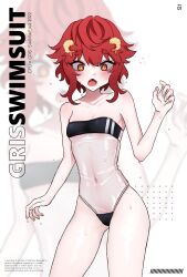  1girl anies_kouhai blush breasts bright_pupils commentary_request cowboy_shot english_text fang gris_swimsuit highres looking_down meme_attire navel open_mouth orange_eyes original red_hair see-through small_breasts solo strapless strapless_one-piece_swimsuit sweat swimsuit white_pupils zoom_layer 