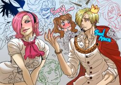  2girls absurdres blonde_hair blue_eyes blush breasts brothers brown_hair cape charlotte_pudding crying crying_with_eyes_open curly_eyebrows dress facial_hair father_and_son flower full-face_blush highres large_breasts monkey_d._luffy multiple_girls one_piece pink_hair pink_lips red_cape rita_ya sanji_(one_piece) short_dress siblings tears twintails vinsmoke_ichiji vinsmoke_judge vinsmoke_niji vinsmoke_reiju vinsmoke_yonji 