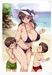  1girl 2boys absurdres age_difference ass_grab beach bikini blush breasts brown_hair bulge cameltoe cleavage hat highres isako_rokurou large_breasts mature_female multiple_boys original sexually_suggestive shorts shota source_request standing sweat swimsuit tagme thighs  rating:Questionable score:142 user:Twistedwon