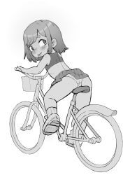  1girl ass bicycle body_freckles closed_mouth eyebrows_hidden_by_hair female_focus freckles from_behind full_body loli looking_at_viewer looking_back monochrome original panties pleated_skirt qtkat riding riding_bicycle short_hair simple_background skirt smile solo sports_bra thighs tongue tongue_out underwear white_background 