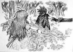  1boy 1girl absurdres ahoge brother_and_sister bush cape chronozbergh commentary elden_ring forest from_behind graphite_(medium) greyscale highres holding holding_stick holding_sword holding_weapon long_hair malenia_blade_of_miquella monochrome nature siblings starscourge_radahn stick sword traditional_media tree wavy_hair weapon wristband 
