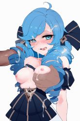 1boy 1girl ahoge bad_id bad_pixiv_id bare_shoulders black_bow black_sleeves blue_hair bow breasts collarbone cum cum_on_hair detached_sleeves disembodied_hand dress drill_hair facial grabbing grabbing_another&#039;s_breast green_eyes grey_background gwen_(league_of_legends) hair_bow hairjob league_of_legends long_hair looking_at_viewer medium_breasts nipples penis puffy_short_sleeves puffy_sleeves short_sleeves simple_background smile tongue tongue_out torn_clothes torn_dress twin_drills upper_body wang_(waaang39) rating:Explicit score:162 user:danbooru