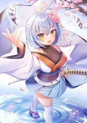  1girl :d bare_shoulders blue_hair blue_skirt blush breasts cherry_blossoms cleavage feathers flower grey_hair hair_between_eyes hair_flower hair_ornament highres holding holding_sword holding_weapon japanese_clothes katana kimono kimono_skirt large_breasts long_sleeves looking_at_viewer medium_breasts mg_kurino obi off_shoulder open_mouth original petals pink_flower pleated_skirt ripples sandals sash sheath sheathed short_hair skirt smile solo standing standing_on_liquid sword thighhighs walking water weapon white_kimono white_thighhighs wide_sleeves yellow_eyes zouri 
