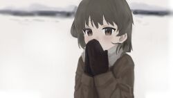  1girl black_gloves blurry blurry_background brown_coat brown_eyes brown_hair coat covering_own_mouth gloves grey_scarf hands_up hatoba_tsugu highres light_blush long_sleeves looking_at_viewer medium_hair mimizu_ningen mole mole_under_eye outdoors palms_together scarf snow solo tsugu_(vtuber) upper_body virtual_youtuber winter_clothes 