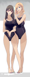  2girls aqua_eyes barefoot black_one-piece_swimsuit blonde_hair breasts brown_hair collarbone competition_school_swimsuit covered_navel full_body gluteal_fold grey_background highres large_breasts lips long_hair medium_breasts medium_hair mikoto_akemi multiple_girls nail_polish one-piece_swimsuit original red_eyes school_swimsuit shadow swimsuit two-tone_background white_background 