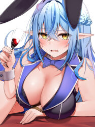  1girl absurdres ahoge alternate_costume bare_shoulders black_vest blue_hair blush braid breasts bunny_garden cleavage collared_vest commentary crossed_bangs cup drinking_glass elf french_braid hair_between_eyes highres holding holding_cup hololive large_breasts looking_at_viewer lying micon on_side open_mouth pointy_ears simple_background solo sweat symbol-only_commentary vest virtual_youtuber white_background white_wrist_cuffs wrist_cuffs yellow_eyes yukihana_lamy 