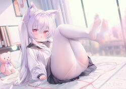 1girl animal_ear_fluff animal_ears ass black_sailor_collar blush book chen_bin copyright_request curtains female_focus full_body hair_between_eyes highres indoors loli long_hair miniskirt no_shoes on_bed panties panties_under_pantyhose pantyhose parted_lips red_eyes sailor_collar shirt skirt solo stuffed_animal stuffed_toy teddy_bear twintails underwear white_hair white_pantyhose white_shirt rating:Questionable score:109 user:danbooru