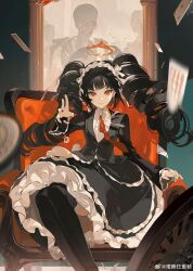  1girl absurdres armchair artist_name black_dress black_hair black_jacket black_nails black_skirt black_thighhighs card celestia_ludenberg center_frills chair chongzhen_085 closed_mouth column danganronpa_(series) doorway dress drill_hair earrings feet_out_of_frame fire flaming_halo frilled_skirt frills full_body gothic_lolita halo highres indoors jacket jewelry legs_together lolita_fashion long_hair maid_headdress motion_blur nail_polish necktie on_chair picture_frame pillar playing_card poker_chip red_eyes red_necktie ringlets roulette roulette_table sidelocks sitting skeleton skirt straight-on table thighhighs twin_drills twintails 