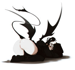  1girl anus ass bent_over black_eyes black_eyeshadow black_hair black_hoodie black_tail black_thighhighs black_wings clitoris_piercing demon_girl demon_tail demon_wings eyeshadow hand_on_own_head head_on_arm head_rest highres hood hoodie host_(obj_shep) kneeling long_hair makeup naked_hoodie non-web_source obj_shep original pale_skin piercing pussy pussy_piercing shadow simple_background solo straight_hair tail thighhighs top-down_bottom-up torn_clothes torn_thighhighs variant_set white_background wings 