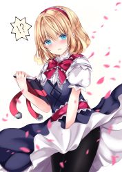  ! 1girl alice_margatroid bad_id bad_pixiv_id black_dress black_pantyhose blonde_hair blue_eyes blush book bow covering_privates covering_crotch dress hair_between_eyes highres holding holding_book looking_at_viewer nanase_nao open_mouth pantyhose petals puffy_short_sleeves puffy_sleeves red_bow shirt short_sleeves simple_background sleeveless sleeveless_dress solo spoken_exclamation_mark standing sweat touhou white_background white_shirt wind wind_lift  rating:Sensitive score:2 user:danbooru