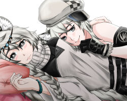  2girls aariyoo absurdres animal_ear_fluff animal_ears arknights arm_around_back arm_rest bare_shoulders black_hair blush braid breasts bright_pupils cabbie_hat checkered_clothes checkered_headwear cliffheart_(arknights) closed_mouth crossed_bangs dress eyelashes from_side gloves grey_eyes grey_hair hair_between_eyes hand_on_another&#039;s_shoulder hand_rest hat head_chain head_on_pillow highres jewelry lips long_hair looking_at_viewer lying lying_on_person multicolored_hair multiple_girls on_back parted_bangs pillow pramanix_(arknights) siblings side_braids sisters sleeveless smile snow_leopard_ears taut_clothes turtleneck turtleneck_dress twin_braids two-tone_hair very_long_hair white_pupils 