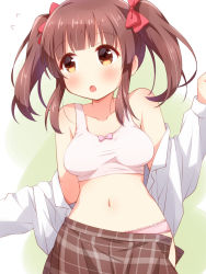  1girl :o bare_shoulders blush bow bra breasts brown_eyes brown_hair brown_skirt collarbone diagonal_stripes flying_sweatdrops hair_bow idolmaster long_sleeves looking_at_viewer medium_breasts midriff mikan-ya navel ogata_chieri open_clothes open_mouth panties pink_bow pink_panties plaid plaid_skirt pleated_skirt red_bow shirt sidelocks skirt solo striped striped_background tagme twintails underwear undressing vertical_stripes white_shirt  rating:Sensitive score:43 user:pingas37