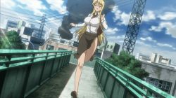  1girl animated animated_gif blonde_hair bouncing_breasts breasts cleavage closed_eyes highschool_of_the_dead legs long_hair marikawa_shizuka open_mouth outdoors running shirt skirt solo white_shirt  rating:Questionable score:48 user:edward91