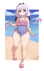  1girl absurdres bare_shoulders beach black_bow blue_eyes blue_sky blunt_bangs blurry blurry_background border bow cloud collarbone covered_navel day full_body gradient_hair highres kanna_kamui kobayashi-san_chi_no_maidragon looking_at_viewer low_twintails multicolored_hair ocean one-piece_swimsuit pink_footwear purple_hair sandals sky solo standing swimsuit thick_thighs thighs toenails toes triagorodri twintails white_border  rating:General score:242 user:DarkToonLink