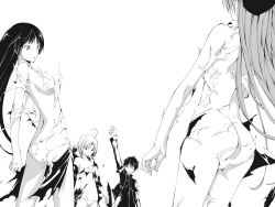 1boy 3girls asami_lilith ass ass_focus clothed_male_nude_female exploding_clothes fudou_akio highres kannazuki_arin kasuga_arata monochrome multiple_girls nude surprised tagme torn_clothes trinity_seven
