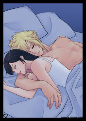  1boy 1girl absurdres bare_shoulders bed black_hair blonde_hair camisole chibiasta closed_mouth cloud_strife collarbone couple cuddling dated final_fantasy final_fantasy_vii highres indoors long_hair lying nipples on_back on_stomach pillow red_lips short_hair sleeping smile spiked_hair square_enix tank_top tifa_lockhart toned toned_male topless_male under_covers upper_body white_camisole white_tank_top  rating:Sensitive score:6 user:cp456000