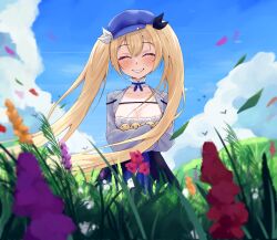  1girl arms_under_breasts blonde_hair blue_shirt blue_skirt blush breasts cleavage closed_eyes cloud cloudy_sky commentary day dokibird_(vtuber) dragoon_(dokibird) english_commentary falling_leaves falling_petals floral_background flower hat highres indie_virtual_youtuber leaf long_hair medium_breasts outdoors petals pyrokuro shirt skirt sky smile standing teeth twintails very_long_hair virtual_youtuber wind 