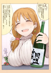 1girl 3e :d alcohol blush border bottle breast_focus breast_rest breasts breasts_on_table brown_hair closed_eyes commentary_request earrings eyelashes holding holding_bottle idolmaster idolmaster_cinderella_girls jewelry katagiri_sanae large_breasts long_hair looking_at_viewer open_mouth parted_bangs ribbed_sweater sake sake_bottle smile sweat sweater translation_request twintails white_background yellow_border 