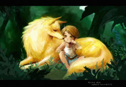 16167mono 1boy brown_hair child comforting dual_persona eye_contact golden_wolf letterboxed link looking_at_another male_focus nature nintendo outdoors sitting tears the_legend_of_zelda the_legend_of_zelda:_twilight_princess wolf young_link rating:Sensitive score:29 user:danbooru