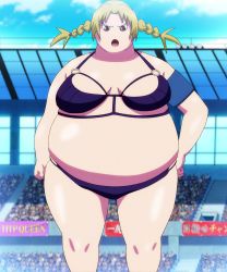 10s 1girl belly blonde_hair bra breasts brown_eyes character_request fat highres keijo!!!!!!!! large_breasts obese panties solo standing stitched third-party_edit underwear yokosugi_tae  rating:Questionable score:16 user:arutos