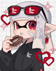  1girl bandaid black_shirt commentary doughnut earrings eating food heart highres inkling inkling_girl inkling_player_character jewelry looking_at_viewer nintendo pointy_ears red_eyes sahata_saba shirt simple_background solo splatoon_(series) sunglasses symbol-only_commentary tentacle_hair toni_kensa_(splatoon) upper_body white_background white_hair 