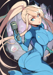  1girl almightychiru ass blonde_hair blue_dress blue_eyes breasts dress from_side gloves gun highres holding holding_weapon large_breasts lips lipstick long_hair looking_back makeup nintendo samus_aran shoes skin_tight solo standing weapon zero_suit  rating:Sensitive score:16 user:Donjuan343