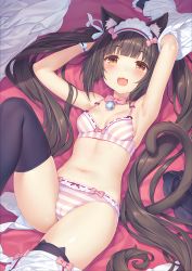  1girl :3 :d absurdres animal_ears bell bra brown_hair cameltoe cat_ears cat_girl cat_tail chocola_(nekopara) highres looking_at_viewer nekopara open_mouth panties ribbon-trimmed_bra ribbon-trimmed_panties sayori_(neko_works) smile solo striped_clothes striped_panties tail third-party_edit twintails underwear underwear_only  rating:Questionable score:246 user:epicgamer69xd
