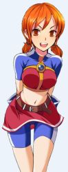  1girl arms_behind_back belt bike_shorts happy leaning_forward looking_at_viewer m.u.g.e.n matching_hair/eyes midriff miniskirt orange_eyes orange_hair shinzaki_maria short_twintails simple_background skirt smile solo the_king_of_fighters the_king_of_fighters_2003 twintails white_background 