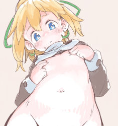 1girl blonde_hair blue_eyes blush bottomless breasts covering_breasts covering_privates from_below groin loli looking_at_viewer looking_down mega_man_(series) navel nezumi_inu nose_blush out-of-frame_censoring roll_(mega_man) simple_background small_breasts solo sweatdrop