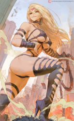  1girl ass bare_shoulders black_footwear black_sclera blonde_hair blue_sky boots breasts cityscape cleavage collar colored_sclera cutesexyrobutts detached_sleeves facial_mark forehead_mark glasgow_smile grin heart heart_tattoo high_heel_boots high_heels highres kaijin_hime_do-s large_breasts long_hair navel one-punch_man parted_bangs red_eyes sky smile solo spiked_collar spikes tattoo thigh_boots thighs whip  rating:Questionable score:146 user:danbooru