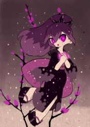  1girl black_kimono branch eyelashes full_body glowing gradient_background hair_between_eyes hands_on_own_chest hyakkihime japanese_clothes kimono long_hair looking_at_viewer nonana_(mikudrop) open_mouth purple_eyes purple_hair sandals solo youkai_watch 