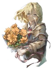  1girl absurdres blonde_hair blue_eyes bouquet brown_jacket brown_skirt collared_shirt flower hair_ornament highres holding holding_bouquet hololive hololive_english jacket maskcat necktie red_necktie shirt short_hair skirt smile solo virtual_youtuber watson_amelia watson_amelia_(1st_costume) white_background white_shirt 