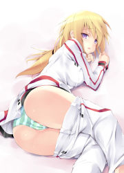  10s 1girl ass blonde_hair blush breasts cameltoe charlotte_dunois cleft_of_venus clothes_pull infinite_stratos long_hair lying on_side panties pants pants_pull partially_visible_vulva purple_eyes ruschuto school_uniform solo striped_clothes striped_panties underwear uniform  rating:Questionable score:167 user:danbooru