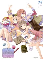 2011 3girls :d absurdres atelier_(series) atelier_meruru atelier_rorona atelier_totori bare_legs bare_shoulders barefoot beaker blonde_hair bloomers blue_eyes blush book bow breasts brown_eyes brown_hair cape cleavage dress female_focus flat_chest flower food fruit gust highres kishida_mel long_hair looking_at_viewer lying medium_breasts merurulince_rede_arls multiple_girls official_art on_back on_side open_mouth outstretched_arm red_bow rororina_fryxell short_dress smile test_tube text_focus totooria_helmold underwear rating:Sensitive score:16 user:danbooru
